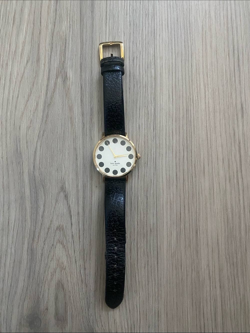 kate spade Black Leather Strap Watch with Gold Case and Polka Dot Dial